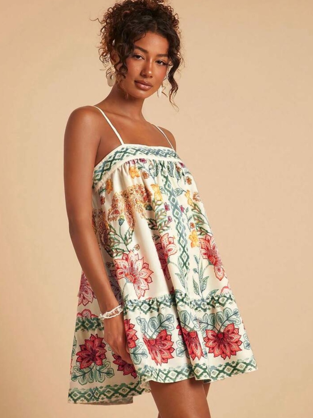 Floral Printed Spaghetti Strap Sundress - Cream with Green & Red Floral